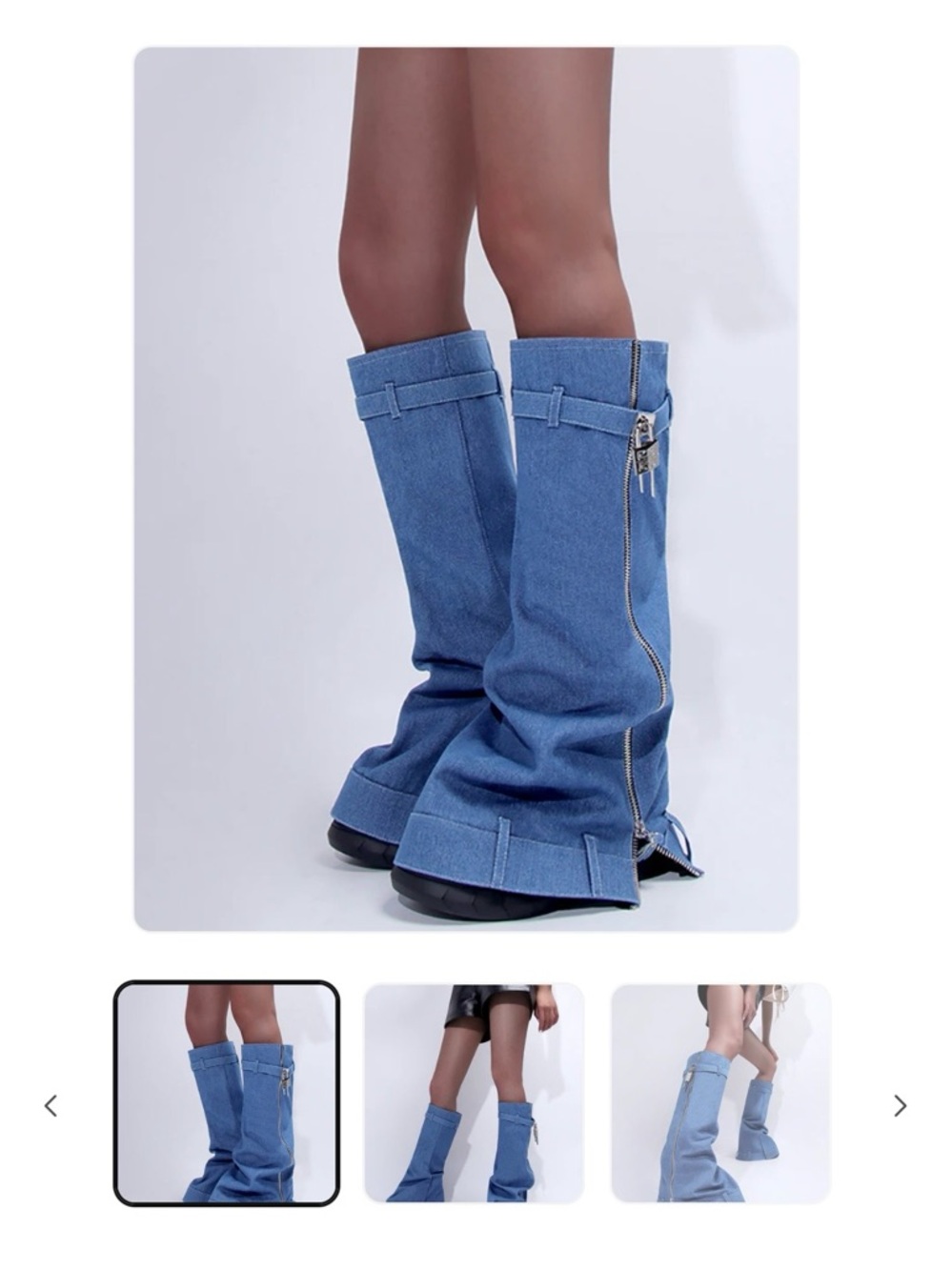 Denim Slouchy Knee-High Zip Boots - Light Blue